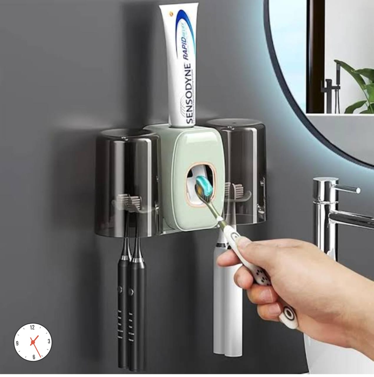 Toothpaste and toothbrush holder with cups