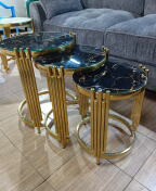 3-Piece Marble Top Nesting Coffee Table Set – Gold Frame with Black Gloss Finish