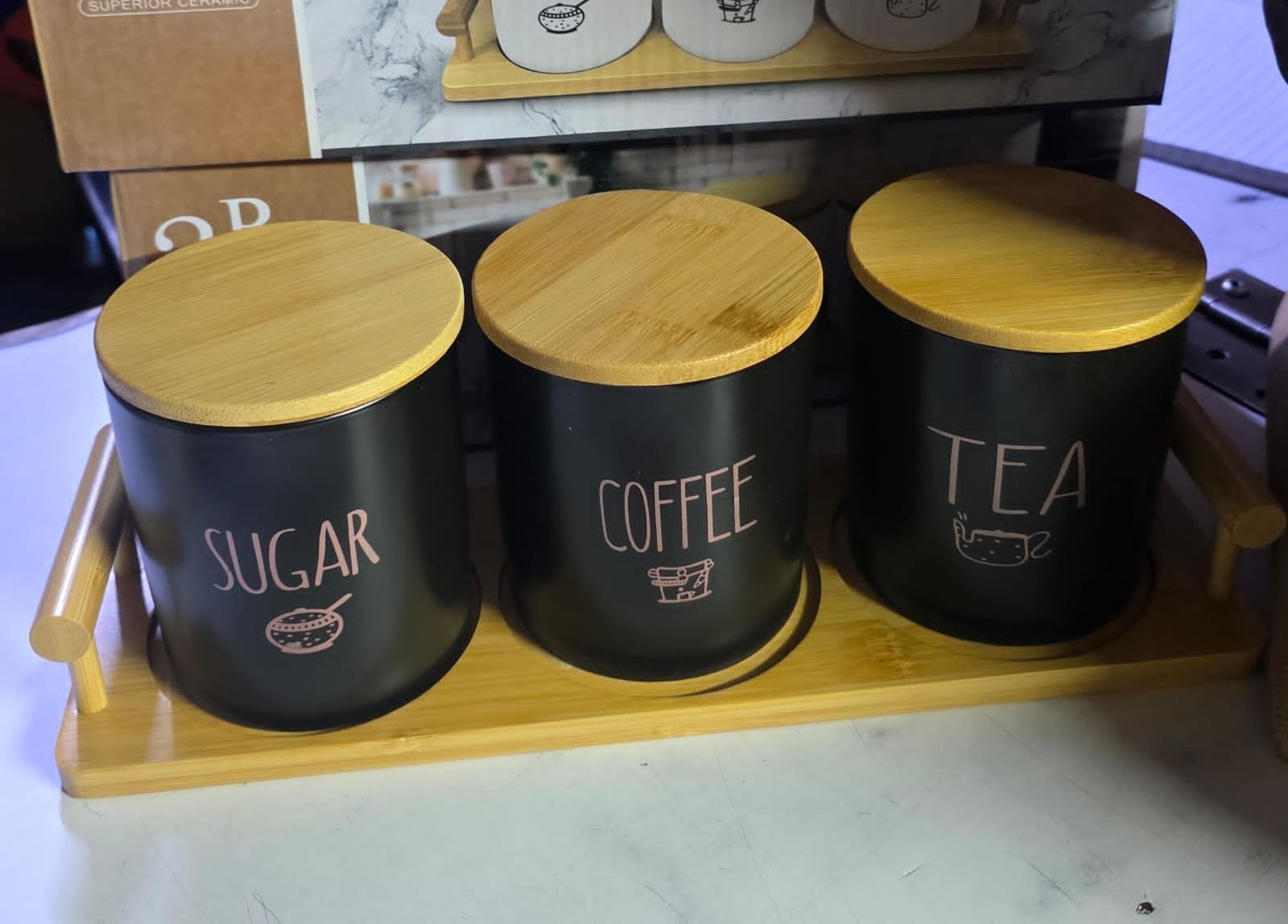 3 pcs set  800 ml  canister ceramic with bamboo stand